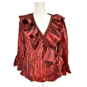 Jackie Jon Metallic Red Ruffle Wrap Blouse Crinkle Satin Holiday Top Size 4